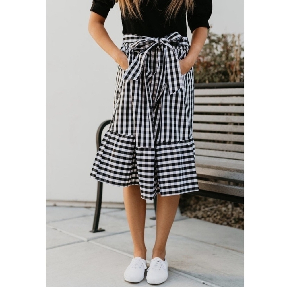 J. Crew Black and White Plaid Tie Waist Midi Skirt - Picture 3 of 16